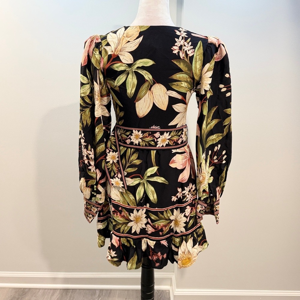 NEW Farm Rio Surreal Flowers Black Long Sleeve Mini Dress Belted Ruffle Hem XS - Picture 3 of 9